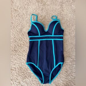 SPANX Navy One-Piece Swimsuit with Aqua Trim